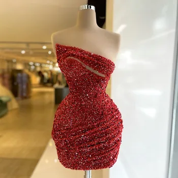 Сексуальное бордовое Короткое коктейльное платье для вечеринки 2023, Блестящее Платье без бретелек с пайетками, Вечернее платье Robe De Soirée