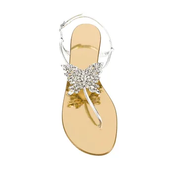 Модные блестящие пляжные сандалии на плоской подошве с бриллиантами в виде Бабочки, женские Удобные Сандалии с ремешком и пряжкой