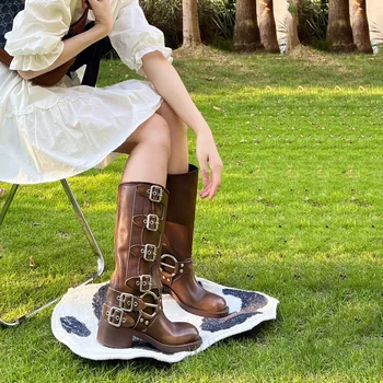 Модные женские ботинки Martin с пряжкой на толстом каблуке, весна-лето, натуральная кожа, западные сапоги длиной до колена в стиле ретро