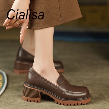 Cialisa/ Весенняя женская обувь, Новые Лоферы на платформе из натуральной кожи Высокого качества с круглым носком, Повседневная женская обувь на массивном каблуке коричневого цвета