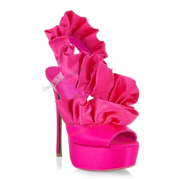 Розовые Плиссированные Босоножки с открытым Носком, Женская Обувь на платформе и высоком Каблуке с Шипами, Однотонная обувь с Запахом по Щиколотку, Zapatos Para Mujere