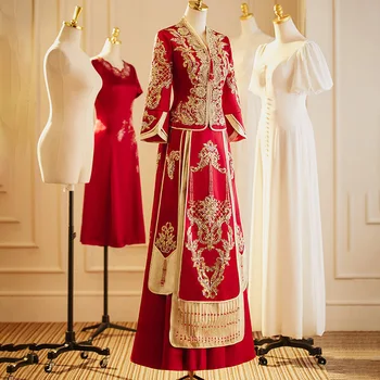 Роскошное Изысканное Свадебное платье с вышивкой из бисера и пайеток, Элегантная Свадебная одежда для тостов, Вечернее платье Cheongsam