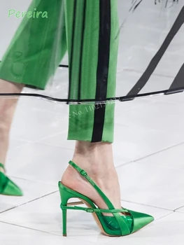 Зеленые атласные туфли-лодочки с пряжкой, Новое поступление лета, Женские однотонные туфли на шпильке с острым носком, Прозрачное платье, вечерние туфли на высоком каблуке