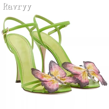 Летние Новые Зеленые Босоножки с бабочкой с 3D-принтом, перекрестный ремешок, тонкий Высокий каблук, полый ремешок на щиколотке, женская обувь с пряжкой, Вечерние туфли-лодочки
