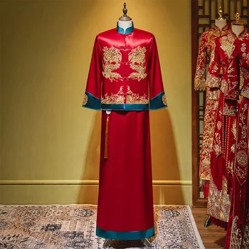 Мужская Зелено-красная Одежда Xiuhe, Китайское Свадебное пальто с вышивкой Дракона, Большой Халат Эпохи Тан, Древнее Свадебное платье Жениха, Халат