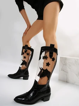 Прозрачные рыцарские сапоги до колена из ПВХ, Женские шикарные ботинки в западном стиле с острым носком и нашивкой в виде звезды, женские роскошные дизайнерские ботинки с единорогом