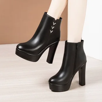 Брендовые ботильоны для женщин на платформе, Модные Элегантные короткие ботинки на высоком каблуке, Большие размеры 32-43, осенне-зимняя черная обувь на молнии, Женская