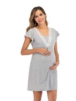 Платье для беременных для больницы Ночная рубашка Для беременных Женщин Пижама для кормления Кружевная Пижама для кормления грудью Платье с коротким рукавом