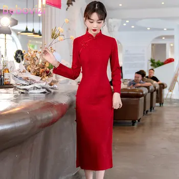 Улучшенное красное платье Ципао в стиле Ретро, китайский традиционный современный Чонсам для женщин, одежда с длинным рукавом, CNY