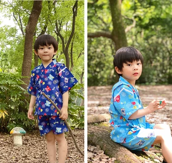 Летнее хлопковое кимоно Jinping с короткими рукавами для мальчиков, костюм юката, японская детская пижама, домашняя одежда, от которой идет пар