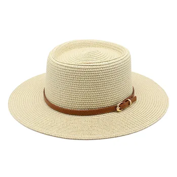 Новые летние соломенные шляпы от солнца для женщин, французские кожаные шляпы с плоским верхом и пряжкой, повседневные кепки с солнцезащитным козырьком для пляжного отдыха