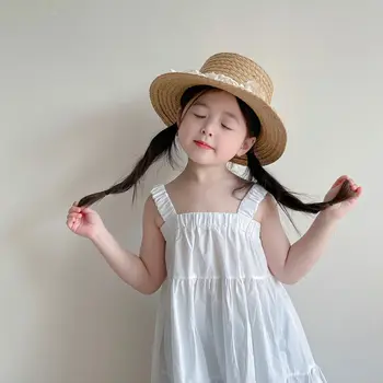 Летняя детская соломенная шляпа для девочек, Шляпа от солнца, кепка от солнца, Приморские Кружевные шапочки Принцессы с плоским верхом, Sonnenschutz Kinder