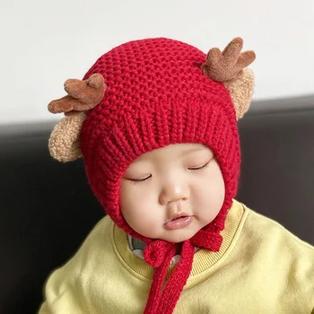Детская рождественская вязаная шапка с оленьими рогами, осенние теплые шапки-бини с мультяшными ушками для мальчиков и девочек