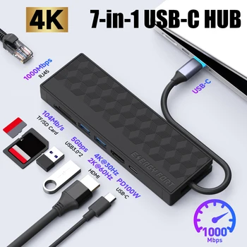 7 в 1 USB C Концентратор USB3.0 PD 100 Вт RJ45 1000 Мбит/с Порт Ethernet Type-C HDMI2.0 4K Док-станция для MacBook Pro Адаптер-разветвитель