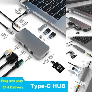 6 в 1 USB C КОНЦЕНТРАТОР Type C Адаптер для 4K HDMI VGA RJ45 SD/TF Концентратор Док-станция Thunderbolt 3 4-в-1 Для Macbook Air