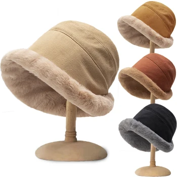 Зимние шапки-ведра, женские мягкие плюшевые Рыбацкие шапки, Теплая шапка, модные однотонные панамы, уличные утепленные теплые шапочки-бини
