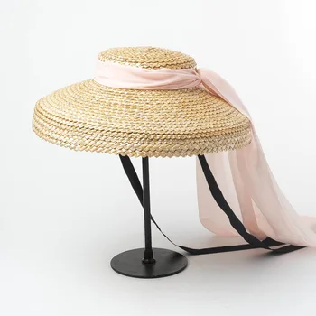 Большая Соломенная шляпа с плоскими полями, Модная Летняя Шляпа с длинной лентой, Шляпы для женщин, Праздничная Винтажная пляжная кепка с козырьком