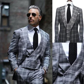 Современный дизайн, мужские костюмы из 3 предметов, Серый Британский плед, Повседневные костюмы для вечеринок по индивидуальному заказу, красивое официальное пальто + брюки + жилет