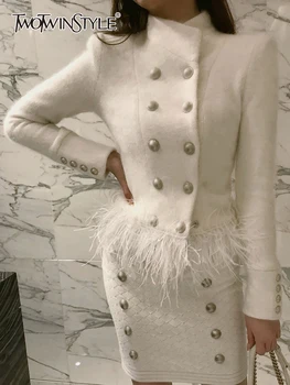TWOTWINSTYLE, Темпераментное пальто из перьев в стиле пэчворк для женщин, воротник-стойка, Повседневные белые куртки с длинным рукавом, Женская мода, Новинка осени