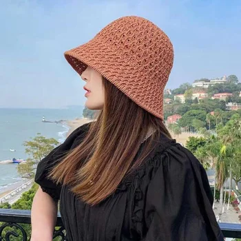 Женская рыбацкая шляпа Модная вязаная панама Летняя открытая солнцезащитная шляпа Женская уличная пляжная шляпа 4 цвета