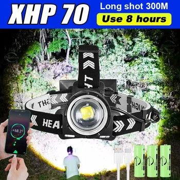XHP70 Перезаряжаемый светодиодный налобный фонарик, Портативная фара 18650, Водонепроницаемый головной фонарь, Масштабирование 1000 м, ультра мощный светодиодный налобный фонарь