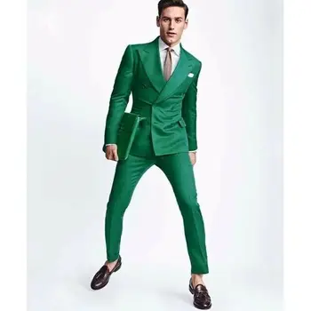 Мужские зеленые костюмы Дизайнерских свадебных женихов, стильные повседневные (пальто + брюки)  Mускульный Kостюм
