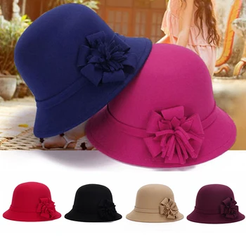 Элегантная женская осенне-зимняя широкополая шляпа с цветочным рисунком, Женская имитация шерстяной шляпы-купола, Винтажная модная шляпа принцессы