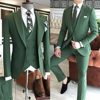 Одежда для жениха, Комплект из 3 предметов, Зеленые Мужские Костюмы 2023, приталенный Пиковый Лацкан на одной пуговице, сшитый на заказ Terno Masculino (куртка + Брюки + Жилет + галстук).