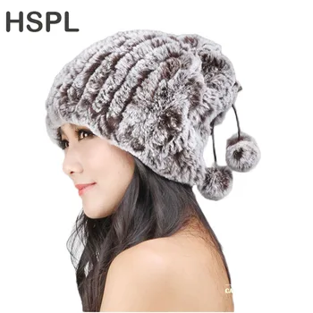 Вязаная шапка из меха кролика рекс HSPL с двумя шариками для зимнего утепления шеи