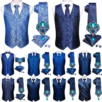 Весенний элегантный мужской жилет синего темно-синего цвета с шелковой вышивкой, тонкий жилет с V-образным вырезом, галстук-платок, брошь, куртка без рукавов, костюм Barry Wang