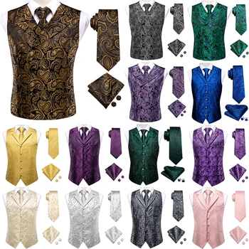Шелковый мужской жилет с галстуком, воротник с лацканами, костюм без рукавов, платье, жилет, галстук, платок, манжеты, Свадебный Бизнес, Фиолетовый, золотой, Синий, зеленый