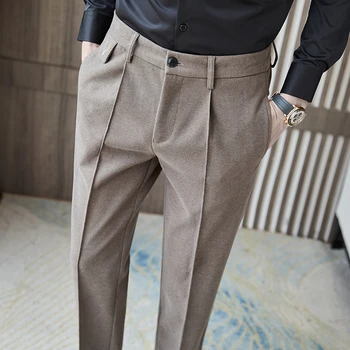 2022 Осенне-Зимние Шерстяные деловые брюки для мужчин, Модные Повседневные облегающие брюки для костюма, Офисные социальные свадебные брюки, мужская одежда