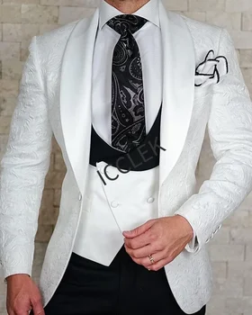 Белый Свадебный Смокинг в цветочек для Жениха, 3 предмета, Приталенный Двубортный жилет, куртка с черными брюками, мужской Модный костюм