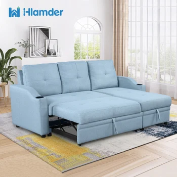 Выдвижной диван-кровать, современная мягкая льняная ткань, 3-местный диван с шезлонгом для хранения вещей и подстаканником, диван для небольшого пространства