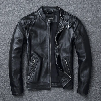 Весенне-осенняя Новая куртка из воловьей кожи с верхним слоем, мужская тонкая мотоциклетная куртка с воротником-стойкой, короткая черная Красивая мотоциклетная куртка