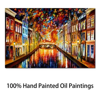Картины современного искусства на продажу, Ночной Амстердам, Нож, Картина маслом, Пейзаж для гостиной, ручная роспись