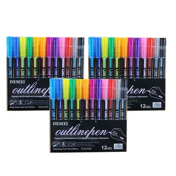 12 Цветов Двойная линейная ручка Металлического цвета, Обводящий линию маркер, ручка с блестками для рисования, Школьные принадлежности для рисования