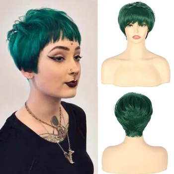 Короткий прямой омбре темно-зеленый парик с челкой для женщин, синтетический парик из натуральных волос, термостойкие парики