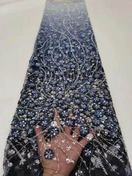 Blue Beadeds Новое Модное высококачественное африканское кружево, свадебная вышитая блестками тюлевая кружевная ткань для шитья свадебных платьев