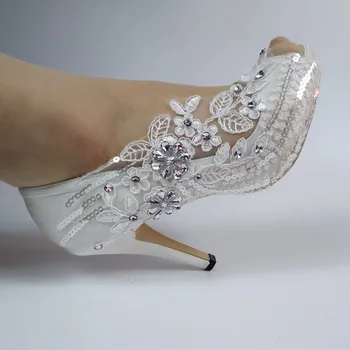 2020 Новое поступление, женские туфли с открытым носком и кристаллами, Свадебные туфли с белым цветком, туфли для невесты, Высокие туфли на шнуровке с ремешком на щиколотке, милая обувь для вечеринок