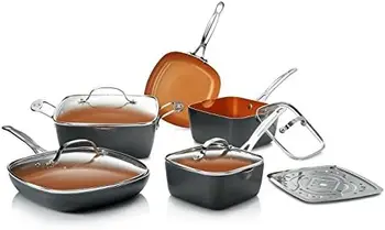 Квадратный кухонный гарнитур с антипригарным покрытием Ti-Cerama на 25% больше места для приготовления пищи, чем круглый - включает в себя сковородки, противни для жарки, бульон